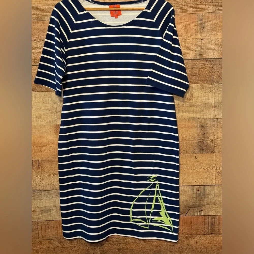 🌻 Tracy Negoshian Navy Striped T-Shirt Dress Women’s size Large Nautical Casual
